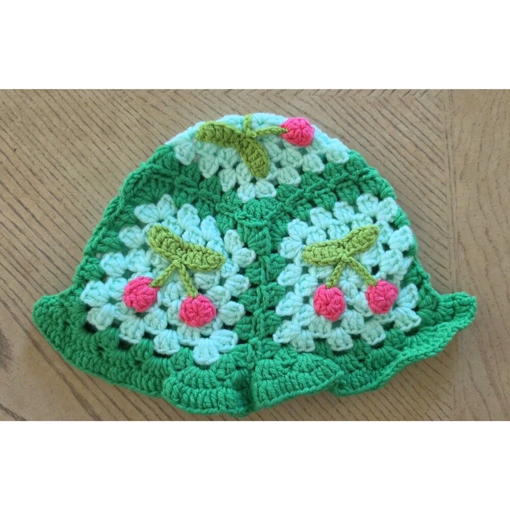 Handmade Crochet Cherry Bucket Hat Granny Square Ruffle Brim Cottagecore Boho
